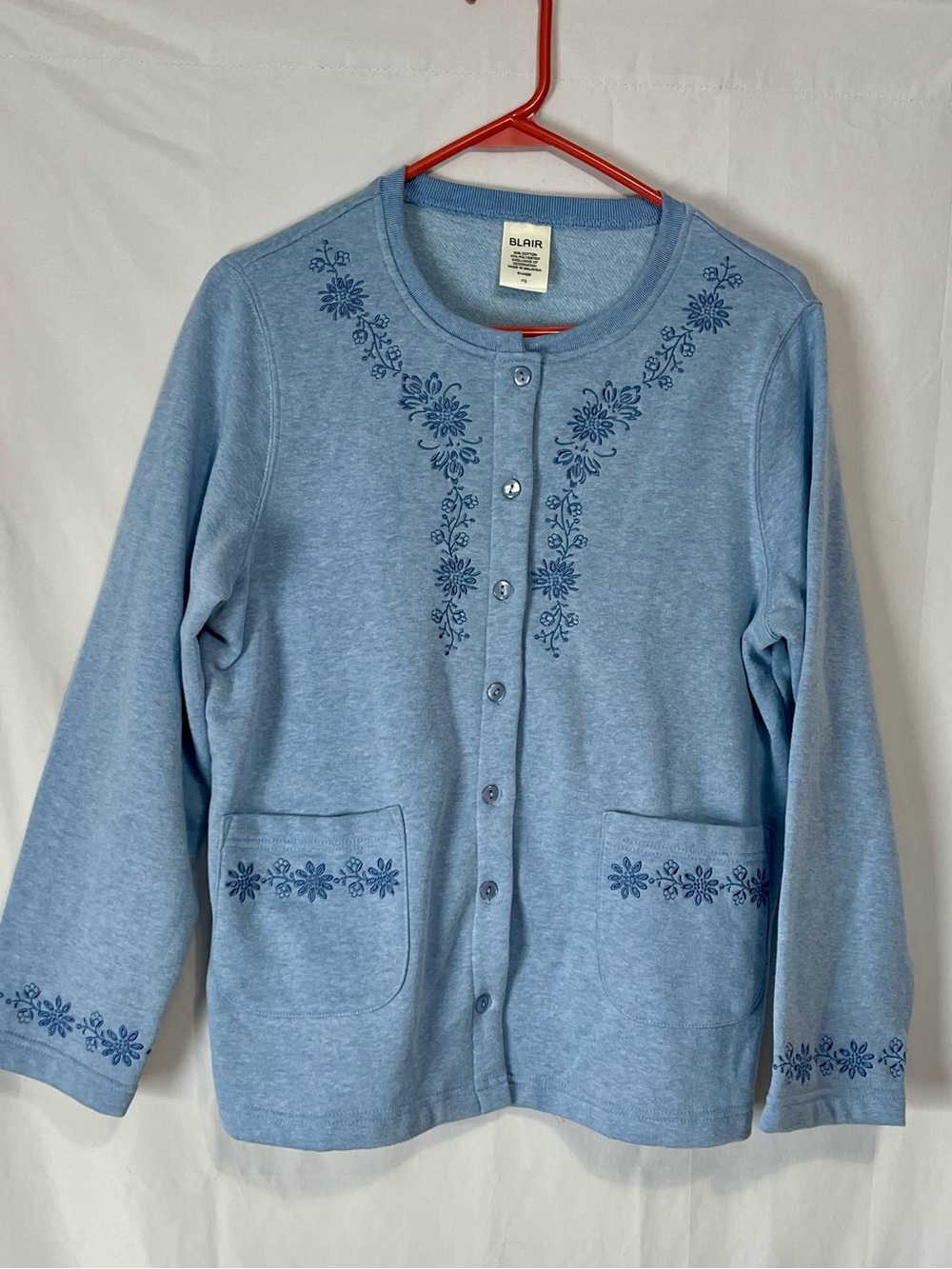 Blair Women’s light blue embroidered Cardigan Sweater button flowers size Small